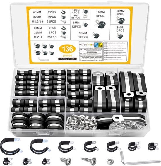 136 stuks bevestigingsklemmen voor buizen, klemmen van roestvrij staal, P-klemmen van rubber, 6 mm, 8 mm, 10 mm, 13 mm, 16 mm, 19 mm, 25 mm, 32 mm, 38 mm, 45 mm