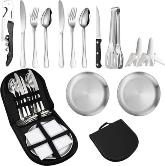 14 stuks campingbestekset, draagbare bestekset voor 2 personen, outdoor reisbestek, camping, picknick, bestek, draagbaar roestvrij staal, outdoor serviesset, met lepel, vork, mes, bord, clip