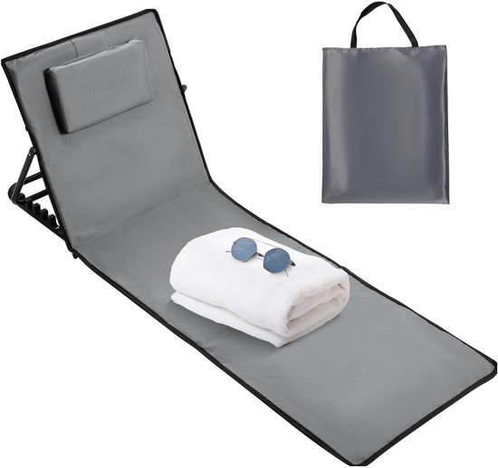 145x47cm Strandmat - Opvouwbare ligmatten met verstelbare rugleuning, draagriem en opbergvak - Ideaal voor strand, camping of tuin - Lichtgewicht en onderhoudsvriendelijk - Donkergrijs