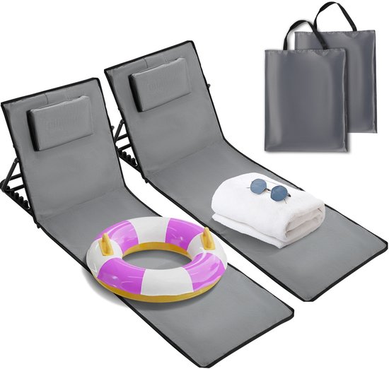 145x47cm Strandmat - Set van 2 opvouwbare ligmatten met verstelbare rugleuning, draagriem en opbergvak - Ideaal voor strand, camping of tuin - Lichtgewicht en onderhoudsvriendelijk - Donkergrijs