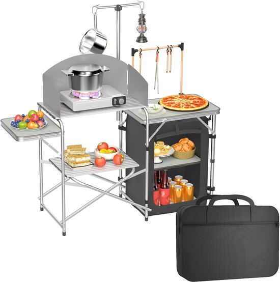 146x46x141cm Campingkeuken, Inklapbare Campingkast, Opvouwbaar Outdoor Keuken, Keukentafel met Werkbladen, Aluminium Keukenkast Set incl. Draagtas en Lichtstandaard, Windscherm, NAIZY