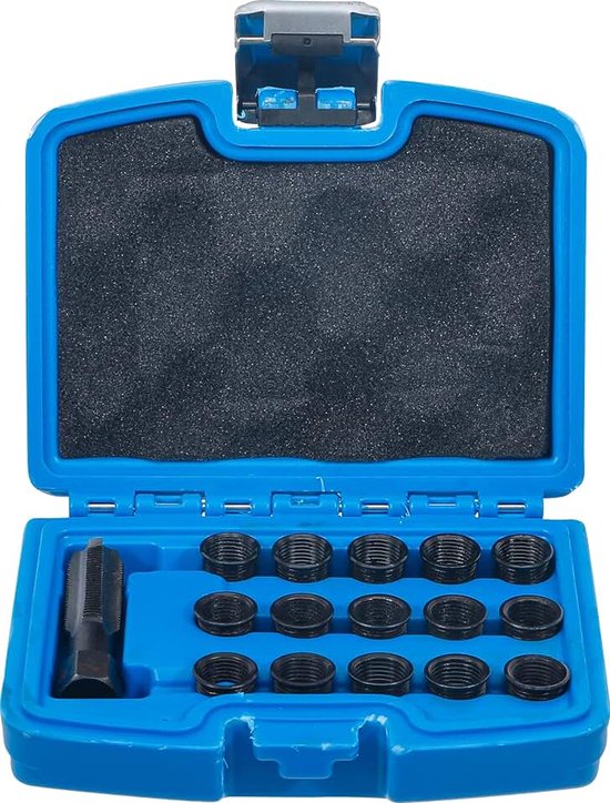 149 | Reparatieset voor vonk bougie schroefdraad | M14 x 1,25 mm | 16-dlg | Schroefdraadsnijder HSS-G-staal | zeskant 16 mm | schroefdraadinzetstukken 11, 16, 19 mm | zwart gebruineerd
