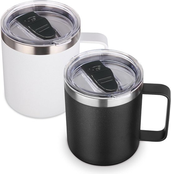 14oz RVS Isolerende Koffiemok met Deksel - Dubbelwandige Vacuum Reis Koffiemok met Handvat - Herbruikbare Thermosbeker - Set van 2