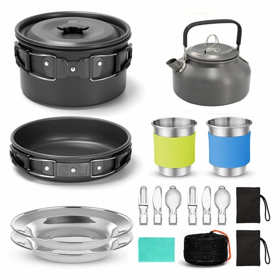 15-delig Camping Kookgerei Set, Anti‑aanbak Lichtgewicht Pan Ketel Set met RVS Mokken Borden Vorken Messen Lepels voor Kamperen, Backpacken, Buiten Koken en Picknick