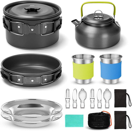 15-delige Camping Kookset - Anti-Aanbak Pannen en Kookgerei - Inclusief Bestek, Bekers en Borden - Lichtgewicht voor Backpacken, Outdoor en Picknick - 1 Set