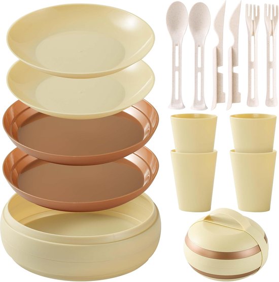 15-delige kampeerserviesset voor 4 personen, picknick plastic servies met kom, bord, beker en 3-in-1 mes, vork, lepel, tafelgerei, BPA-vrij. van DEHUB