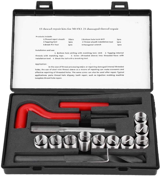 15-delige schroefdraadreparatieset, gedraaide boorsleutel van roestvrij staal, schroefdraadinzet voor auto's, M14 x 1,25, hoge, slijtvaste, duurzame schroefdraadreparatieoplossing voor auto's