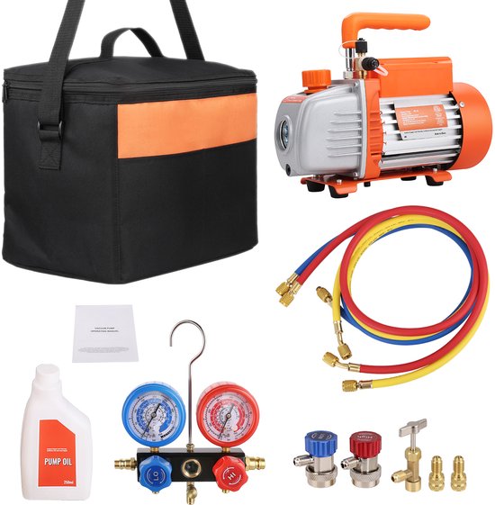 1/5 Hp 3,5 CFM ac Vacuümpomp en meterset, enkelvoudige Roterende Schoepen HVAC-Kit met meters, Driekleurige Slang, Draagtas, voor R134a en R410a van Orion Motor Tech