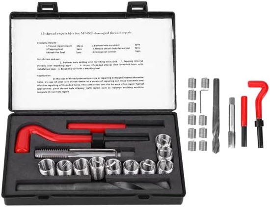 15 stuks Schroefdraad reparatieset, schroefdraad reparatie set, M14x2 schroefdraad reparatie, schroefdraad inzetstukken, schroefdraad reparatieset, verdraaide boorsleutel, schroefdraadinzet