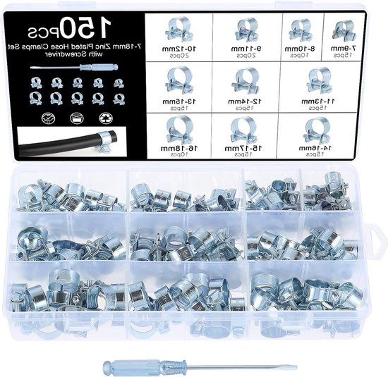 150 stuks slangklemmen set 7-18 mm - verstelbare buisklemmen voor brandstofinjectie - wasmachine, rioolbuizen, draad - tuinslang, afvoerslangen van Goodymax