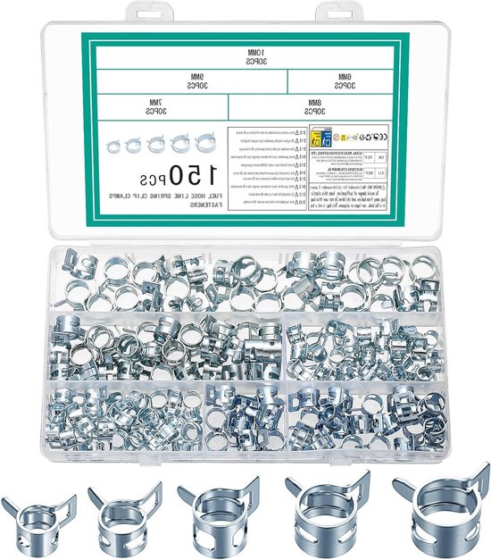 150 Stuks Veer Slangklemmen voor Brandstofleidingen, Waterleidingen en Luchtuitlaatbuizen - Metaal Slangklemmen voor Vacuum Bevestiging (6mm, 7mm, 8mm, 9mm)