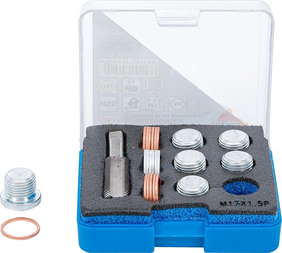 158 | Reparatieset voor olieaftap schroefdraad | M17 x 1,5 mm | Schroefdraadboor van HSS-G-staal, 6 reserveschroeven, 12 koperen afdichtringen, 6 aluminium afdichtringen