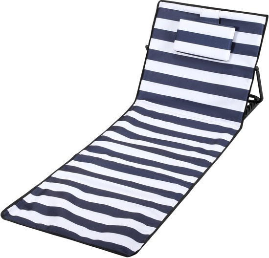 158x55cm Strandmat - Opvouwbare ligmatten met verstelbare rugleuning, draagriem en opbergvak - Ideaal voor strand, camping of tuin - Lichtgewicht en onderhoudsvriendelijk - Blauw-wit gestreept