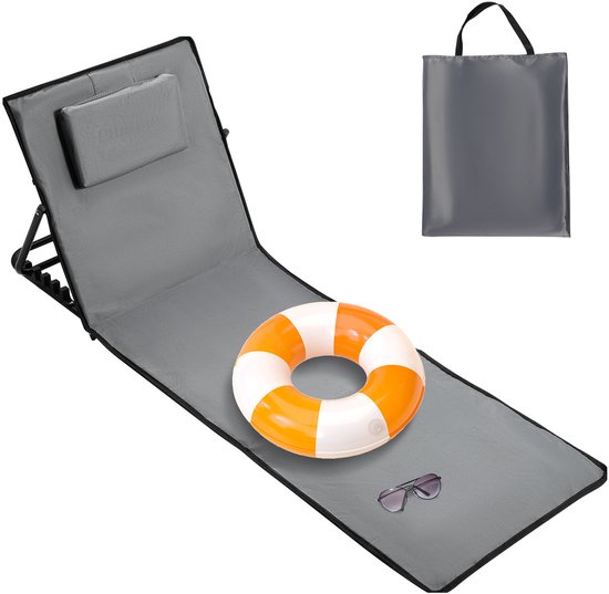 158x55cm Strandmat - Opvouwbare ligmatten met verstelbare rugleuning, draagriem en opbergvak - Ideaal voor strand, camping of tuin - Lichtgewicht en onderhoudsvriendelijk - Donkergrijs