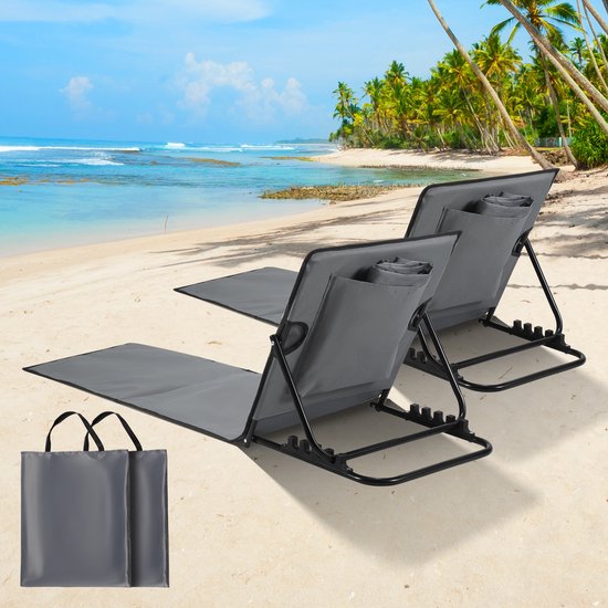 158x55cm Strandmat - Set van 2 opvouwbare ligmatten met verstelbare rugleuning, draagriem en opbergvak - Ideaal voor strand, camping of tuin - Lichtgewicht en onderhoudsvriendelijk - Donkergrijs