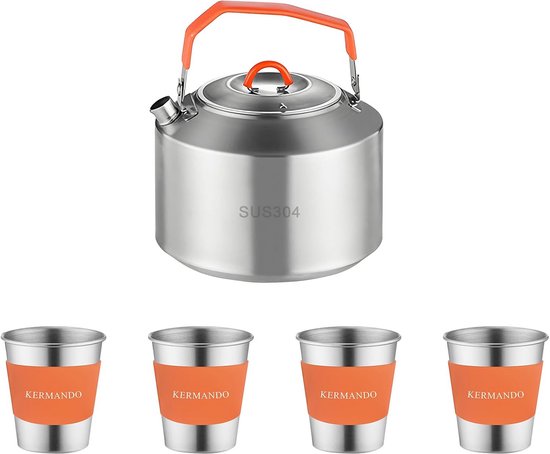1.5L Campingset: RVS Waterketel met 4 Drinkbekers en Hoes