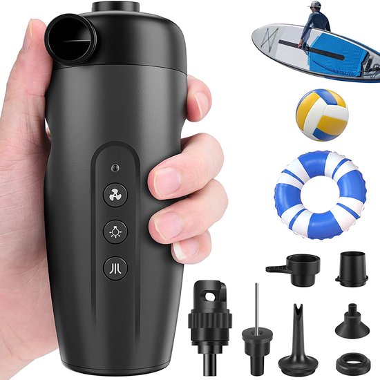 15PSI elektrische luchtpomp, oplaadbare elektrische pomp met 7 luchtmondstukken en adapter, 2-in-1 snelle opblaas- en leegpomp voor opblaasboot/kajak/campingmatras/zwembad