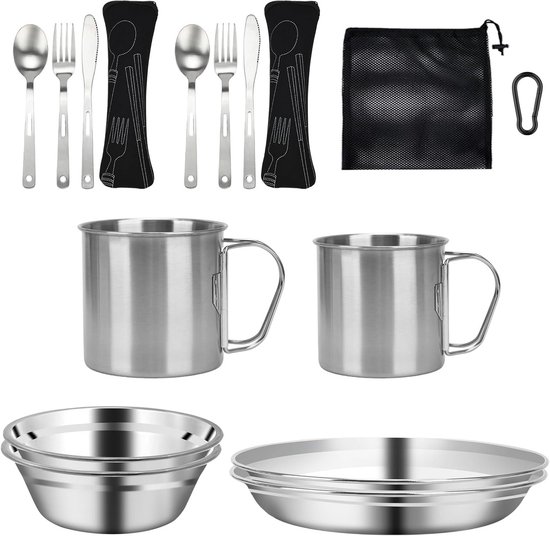 16-Delige Camping Servies Set RVS voor 4 Personen - Compleet Reisbestek voor Outdoor & Picknick