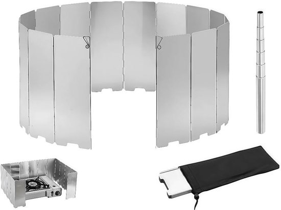 16-delige opvouwbare aluminium windscherm voor kamperen, gasfornuis en buitengebruik, met telescopische blaasbuis en handige bescherming tegen wind