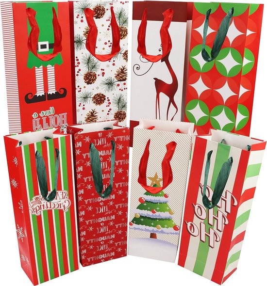 16 Pack Kerst Wijnfles Zakken - Winter Flessen Zakken met Kerst Thema - Rood - Voor Champagne Wijn Whisky Brandy - 36x8x12 cm - Lint Handvat - 16 stuks bottle bag van Merkloos