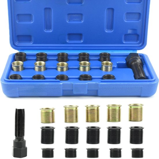 16 stuks reparatieset voor bougieschroefdraad, M14 x 1,25 mm, bougieschroefdraad, reparatieset, verschillende maten, incl. koffer, schroefdraadbussen van roestvrij staal