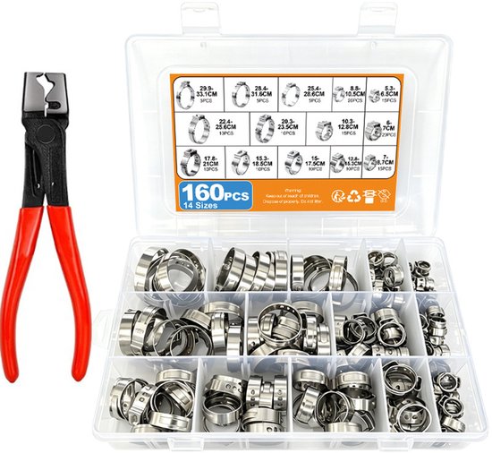 160 Stuks Slangklemmen set 5,3-33,1 mm - RVS Slangklemmen met Klemstang en Slangklemmentang, 14 Maten Eén-Oor Slangklem van 304 Roestvrij Staal voor Slangen, Leidingen, Auto, Sanitair en Werkplaats