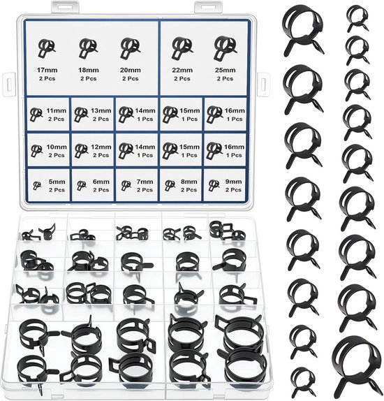 17 maten slang veerklemmen set 5-25 mm veerbandklemmen slangklem zwart slangklem