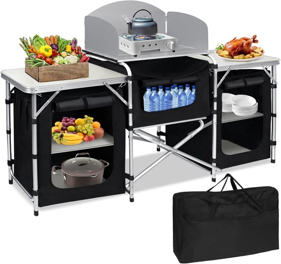 174x46x110cm Campingkeuken, Inklapbare Campingkast, Opvouwbaar Outdoor Keuken, Keukentafel met Werkbladen, Aluminium Keukenkast Set incl. Draagtas en Windscherm, NAIZY