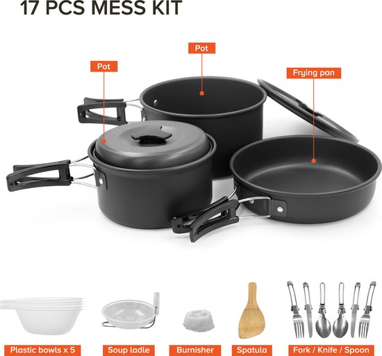 18-delige Campingset – Lichtgewicht Kookset met Pannen, Theepot, Servies & Bestek – Compact & Non-stick van Merkloos