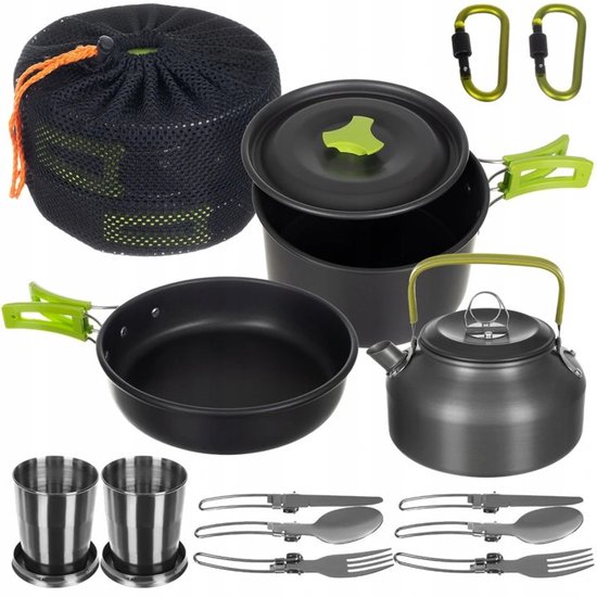 18-delige Kampeer Kookset: Pot, Pan, Ketel & Bestek voor 2 Pers.