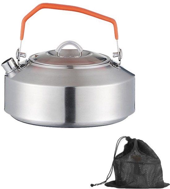 1L Campingketel - Buitenwaterfles van roestvrij staal 304 - Draagbare thee-infuser - Koffiepot - Met handvat en opbergzak - Geschikt voor kokend water, koffiezetten, thee zetten, melk of koffie verwarmen - Zilver