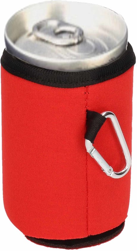 1x Stuks blikjes koeler / koelhoud hoesjes / bierblik hoesjes met karabijnhaak - rood - Frisdrank/bier blikjes koel houden van Merkloos