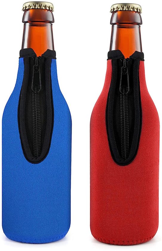 2-delige Isolatiehoes voor bierflessen - isolatiehoes van neopreen - hoes voor flessen met lange hals - houdt de temperatuur vast - antislip - materiaal van neopreen - met ritssluiting - geschikt voor flessen met lange hals - Blauw, rood van Merkloos