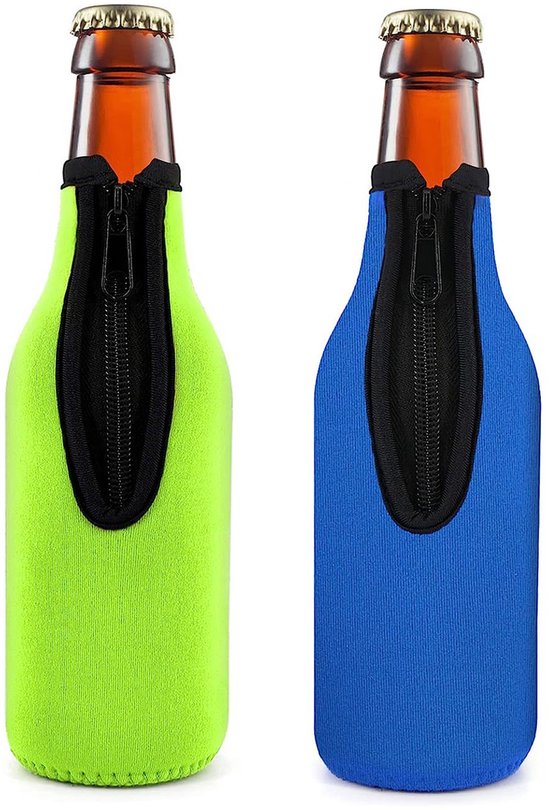 2-delige Isolatiehoes voor bierflessen - isolatiehoes van neopreen - hoes voor flessen met lange hals - houdt de temperatuur vast - antislip - materiaal van neopreen - met ritssluiting - geschikt voor flessen met lange hals - groen, blauw van Merkloos