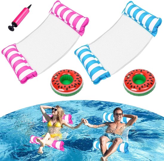 2-delige luchtbed set met 2 opblaasbare bekerhouders en luchtpomp, 4-in-1 opblaasbare waterhangmat voor volwassenen en kinderen, ideaal voor zwembad en strandactiviteiten