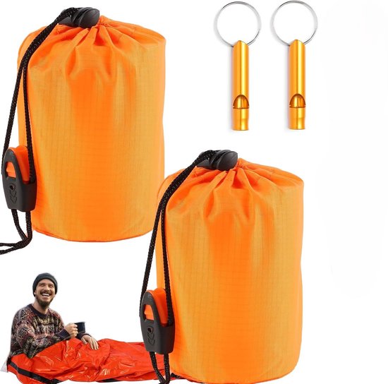 2-delige overlevingsdeken, slaapzak met fluitje en karabijnhaak, thermische deken, noodslaapzak, overlevingsdekens voor wandelen, buiten (oranje) van Merkloos
