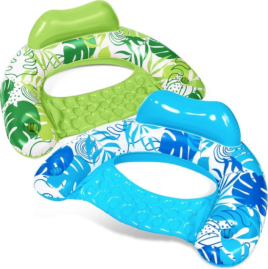 2-delige set opblaasbare zwembad-drijvende stoelen voor volwassenen, opblaasbare drijvende zwembadstoelen, onmisbaar voor zwembadfeestjes, zomerwaterplezier, hemelsblauw + grasgroen - 110x90 cm.