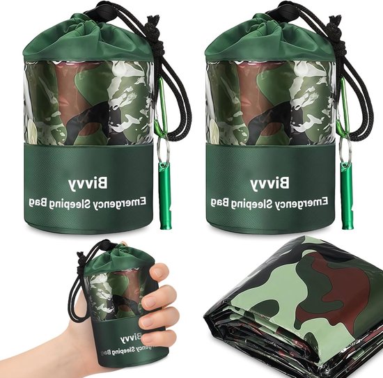 2-delige set overlevingsslaapzak, noodbalaclava, reddingsdeken, tent, herbruikbaar, waterdicht, ultralicht, warmtewerend, koubescherming voor outdoor kamperen en hiking