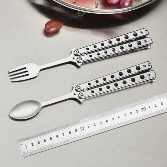 2-delige vlindervork- en lepelset, vlinderlepel, opvouwbare roestvrijstalen vork en bestekset, geschikt voor reizen, kamperen, jagen, barbecueën en in de keuken (zilver)