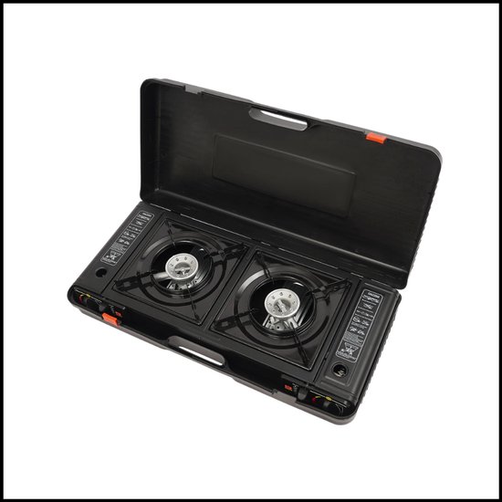 2-in-1 Draagbare Kampeerkachel – 2-Pits Butaan/LPG Campingkachel Set – Inclusief Bakvorm en Draagtas – Automatische Ontsteking van Merkloos