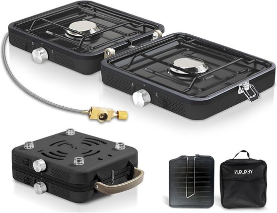 2-in-1 gaskooktoestel met grillplaat - opvouwbaar voor camping koken - zwart van Merkloos
