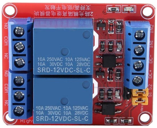2-Kanaals Isolatie Relay Module met Optocoupler voor Hoog en Laag Niveau Trigger, 5/12/24V, 1 Stuk