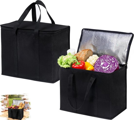 2 × Koeltas - Koeltas -30 x 25 x 25 cm - lunch / blikjes - Koeltasje - Koeltassen - geïsoleerde herbruikbare Boodschappentassen - Opvouwbare Picknicktas - Oxford Doek met Aluminiumfolie - Waterdicht - Met Handvat - Zwart