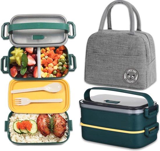 2-Laagse Lunchbox voor Volwassenen en Kinderen - 1600 ml Magnetronbestendige Bento Box met Lunchtas - Perfect voor School, Werk en Picknicks van Bamboo Style