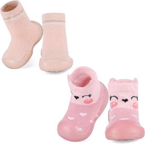 2 Paar Eerste Babyschoentjes Baby Jongens Meisjes 6-36 maanden Sokschoenen met Antislip Rubberen Zool, Roze, 2-3 Jaren