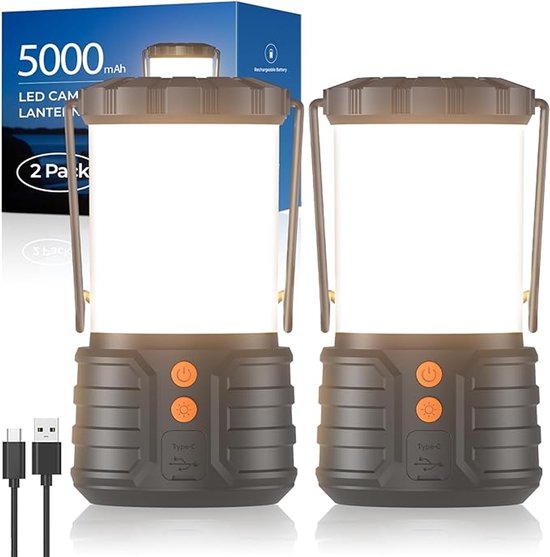 2 Pack Camping Lantaarn - LED Campinglantaarns - 5000mAh Oplaadbare Batterij - Noodverlichting voor Stroomuitval - 3 Lichtkleuren - IPX4 Waterdicht - Draagbare Zaklamp en Tentlamp voor Kamperen en Thuis