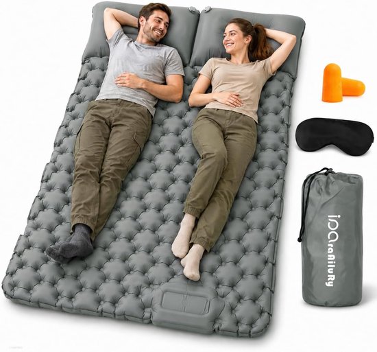 2 Persoons Camping Slaapmat met Kussen - Ingebouwde voetpomp, snel opblazen, licht en draagbaar voor reizen, kamperen, wandelen en trekking