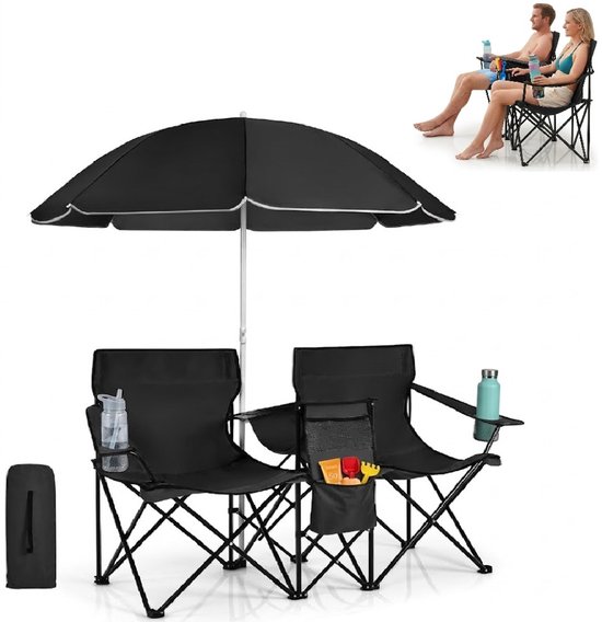 2-Persoons Campingstoel Set met Tafel & Parasol – Opvouwbare Strandstoelen met Koelvak & Bekerhouders – Lichtgewicht & Stevig – Ideaal voor Camping, Strand & Tuin van Merkloos