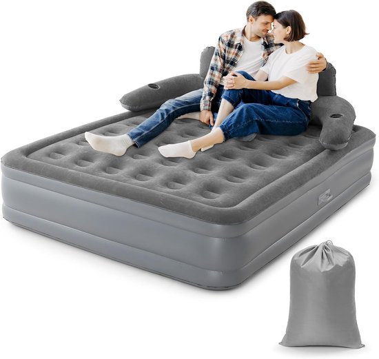 2-Persoons Luchtbed met Hoofdbord - Verhoogd Logeerbed - Ergonomische Rugleuning - Zachte Geflokte Toplaag - Voor Thuis & Gasten