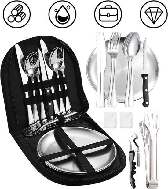 2-Persoons Picknick En Camping Servies Set - Voedselveilig RVS Materiaal - Compacte Opbergtas - Lichtgewicht En Roestbestendig - Complete Borden, Kommen En Bestek - Voor Picknick, Kamperen En Stranduitjes